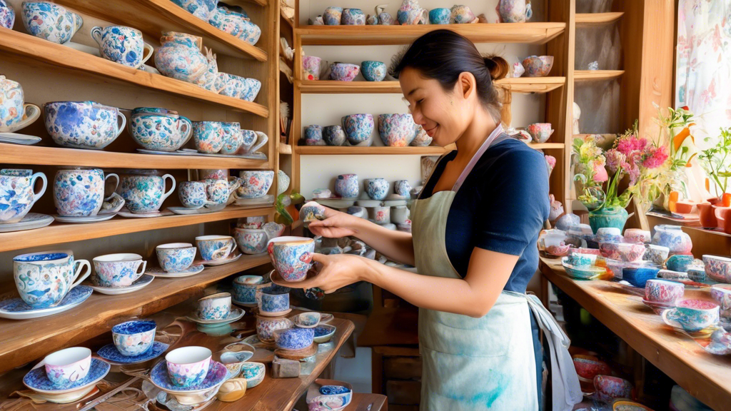 A cozy sunlit artisan workshop with a person skillfully hand-painting delicate floral patterns on ceramic tea cups, surrounded by shelves filled with colorful, completed designs.
