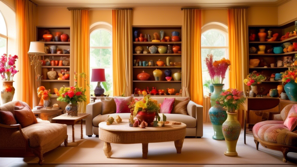 An elegantly decorated living room featuring a variety of pottery vases of different shapes, sizes, and colors, each filled with vibrant flowers, placed thoughtfully on shelves, tables, and windowsills, with warm sunlight filtering through sheer curtains.