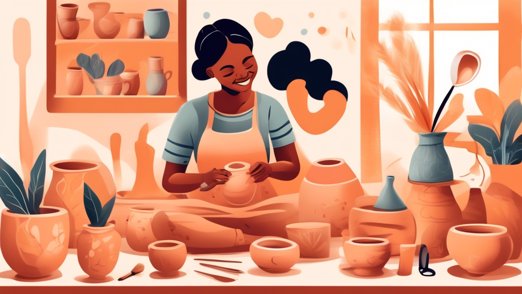 An illustration of a joyful beginner artist creating beautiful pottery at home using alternative methods, surrounded by various no-kiln-required pottery tools and finished ceramic pieces, showcasing creativity and innovation in pottery making.