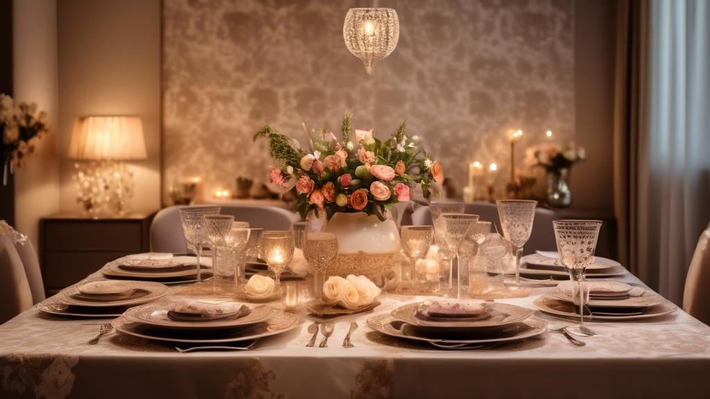 An elegantly laid out dining table featuring a variety of the top dinner sets, each with a unique pattern and design, surrounded by soft, romantic lighting and subtle floral decorations, perfect for marriage gifts.