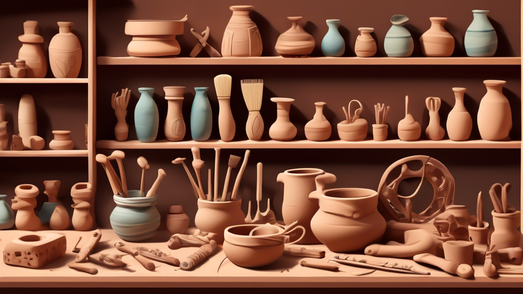 Detailed illustration of a potter's workspace with an array of essential clay tools including a pottery wheel, sculpting tools, wire cutter, and rolling pin, against a backdrop of clay creations on shelves.