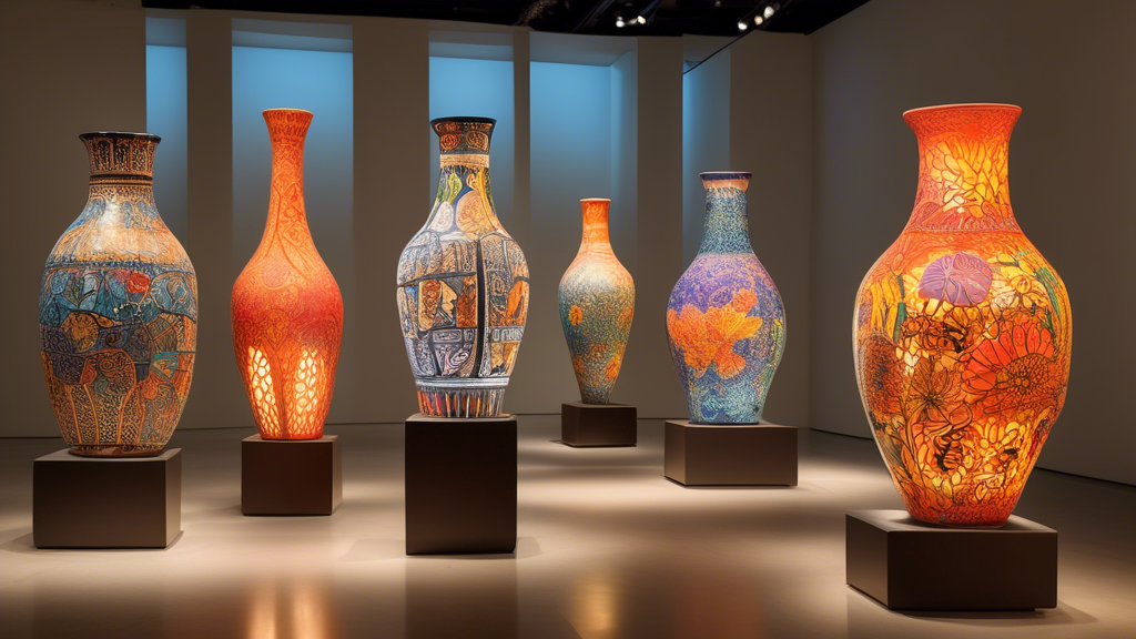 Create an image of a brightly illuminated art gallery space showcasing an eclectic collection of unique and intricate ceramic vases from around the world, each with its own story and cultural background, with visitors admiring the craftsmanship.