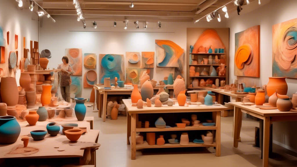 A vibrant, abstract pottery studio with artists creating contemporary clay sculptures and pottery pieces, surrounded by modern art installations, under soft, warm lighting.