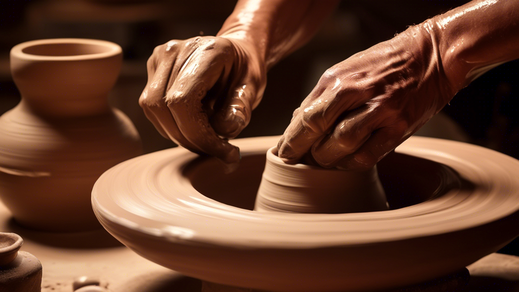 A serene image of a beginner potter's hands carefully shaping a wet clay bowl on a spinning potter's wheel, surrounded by pottery tools and a soft, warm light illuminating the workshop.