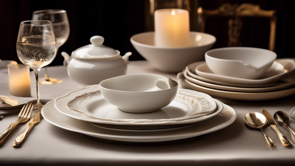 An elegant table setting featuring durable porcelain dinnerware, with a background guidebook open on the intricacies of selecting and caring for porcelain dishes, illuminated by soft, ambient lighting.