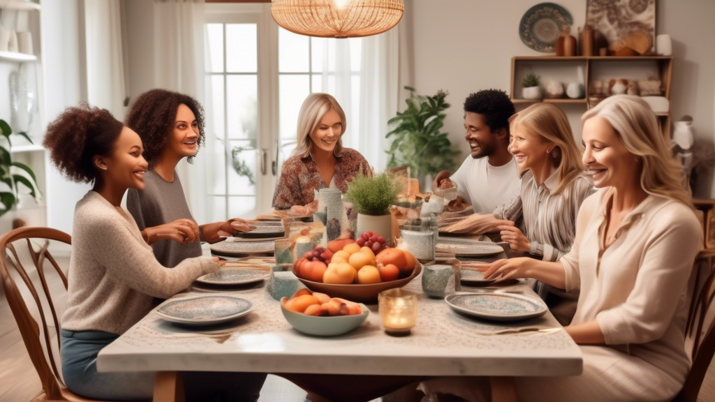 A cozy, well-lit dining room with a family gathering around a table set with an elegant ceramic dinner set, showcasing a variety of patterns and colors, with an open laptop on the side indicating an online shopping experience.