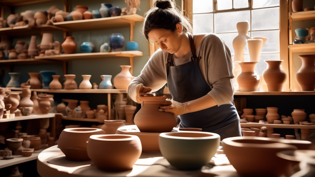 An artist meticulously shaping a clay pot on a spinning potter's wheel in a sunlit, bustling ceramic art studio, surrounded by shelves of colorful pottery and sculptures.