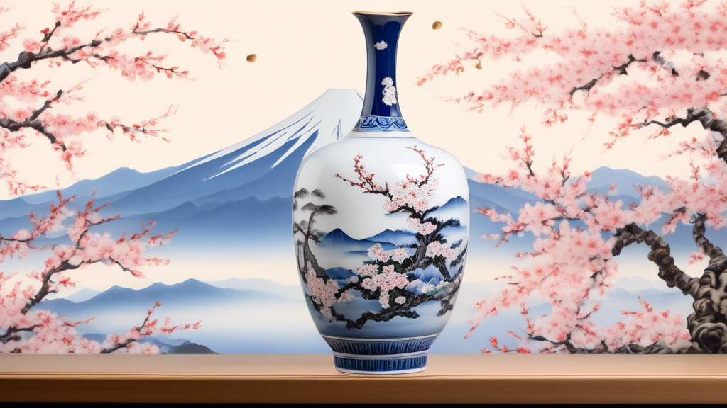 A beautifully detailed Arita porcelain vase surrounded by delicate cherry blossoms, with Mount Fuji in the background, capturing the essence of traditional Japanese artistry.