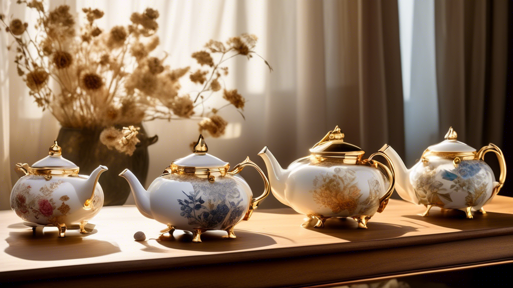 An intricate collection of porcelain art teapots, each with unique floral designs and elegant gold leaf accents, displayed on a sunlit, antique wooden table against a backdrop of sheer, flowing curtains in a tranquil, cozy room.