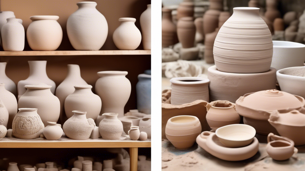A detailed comparison chart highlighting the key differences between clay and porcelain materials, set against the background of a pottery workshop, with examples of finished clay and porcelain artworks on display.