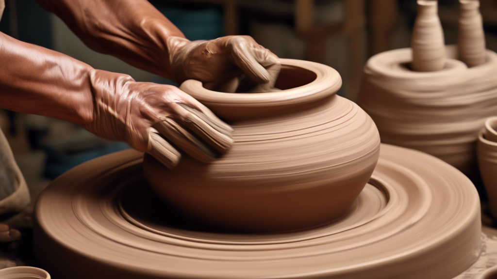 An artist's hands meticulously shaping a clay vase on a spinning pottery wheel, surrounded by tools of the craft, with steps of the pottery making process illustrated in the background.