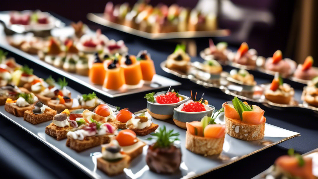 A variety of elegant canapé serving platters arranged on a luxurious banquet table, showcasing an assortment of gourmet appetizers, with a sophisticated party atmosphere in the background.