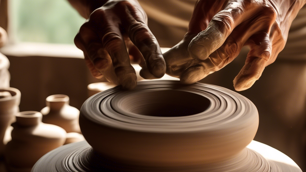An artisan's hands meticulously shaping a piece of clay on a spinning pottery wheel in a sunlit studio, surrounded by completed stoneware pottery pieces.