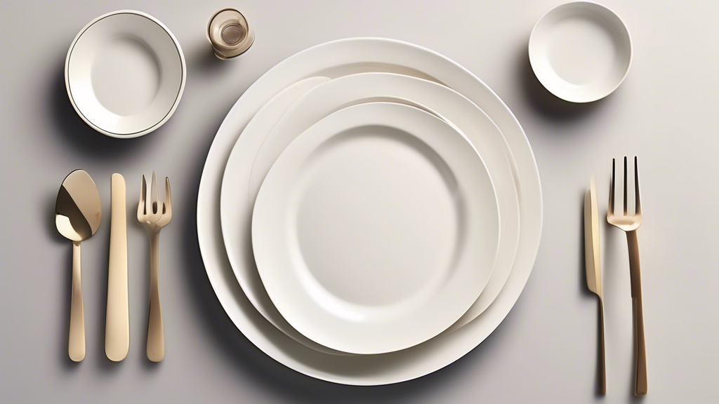 An illustrative guide showcasing a variety of elegant plate sizes ranging from small appetizer dishes to large dinner plates, each labeled with their respective uses and set against a minimalist dining table background.