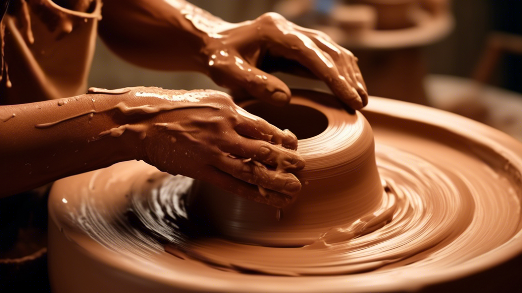 A close-up image of two hands skillfully shaping wet clay on a spinning pottery wheel, with tools scattered around and splashes of clay in the background, all illuminated by the warm glow of a studio light.