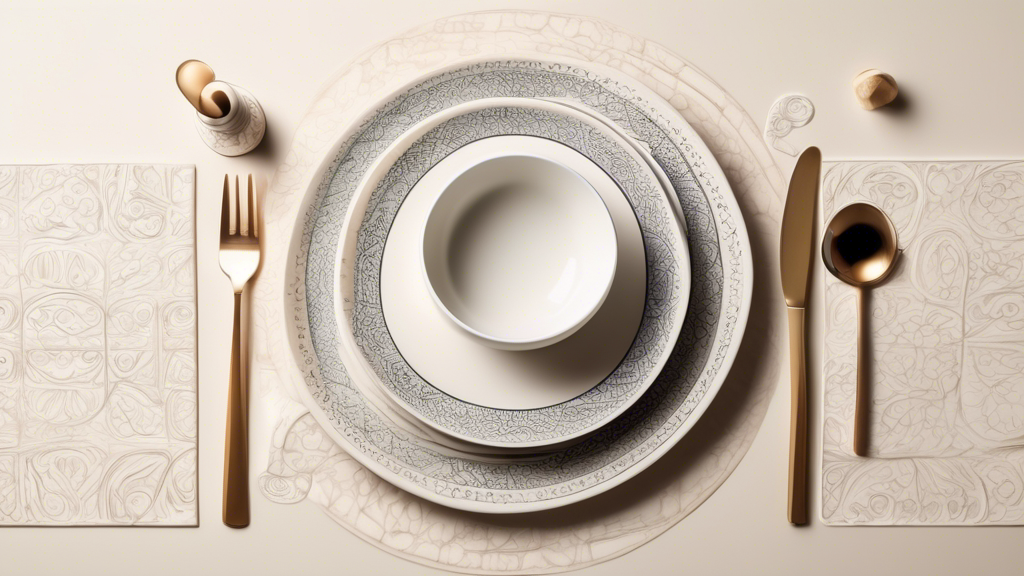 An elegant ceramic dinner set displayed on an online shopping platform, with a magnifying glass highlighting intricate patterns and a checklist for choosing the perfect set floating nearby.