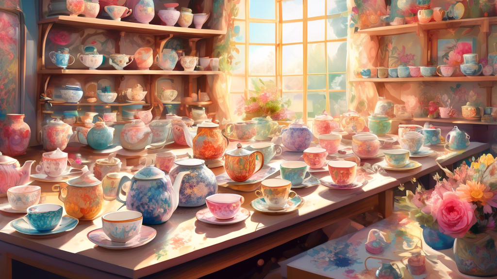 Digital artwork of a whimsical, sunlit workshop filled with artisans meticulously painting delicate floral patterns on elegant, handcrafted tea cups, with shelves of colorful, finished cups in the background.