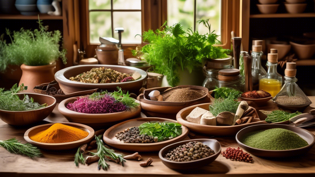 A vibrant, beautifully arranged assortment of culinary platters, each filled with a variety of kitchen essentials such as herbs, utensils, and spices, set on a rustic wooden kitchen table, with warm, natural lighting highlighting the details.