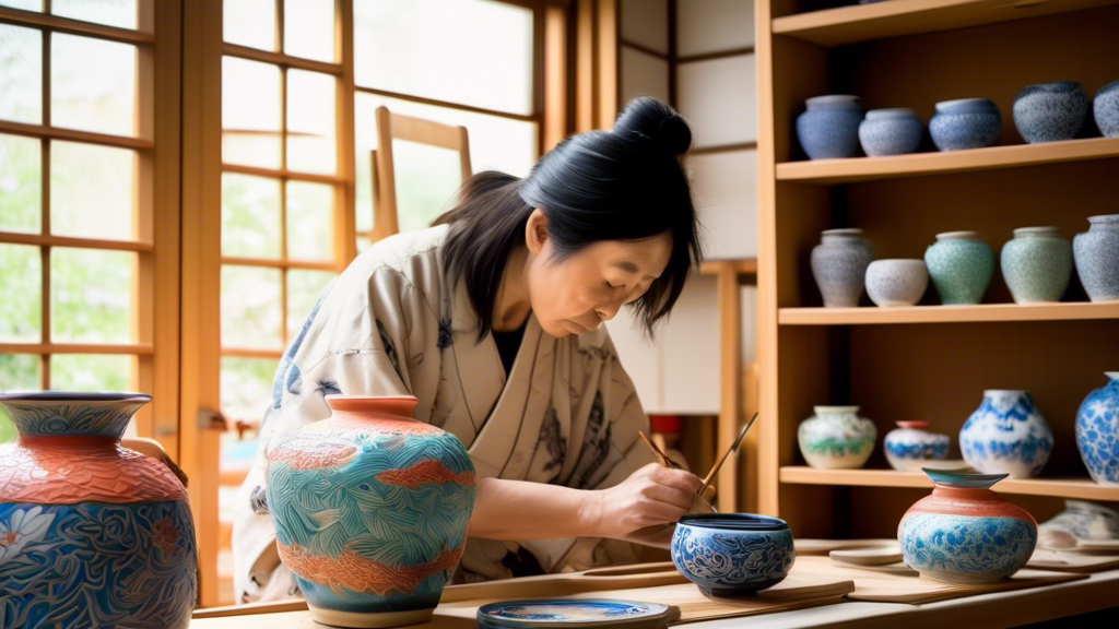 An artist delicately painting intricate designs on a Yamasan pottery vase in a traditional Japanese pottery studio, surrounded by shelves of colorful ceramic creations, with soft daylight filtering through bamboo window shades.