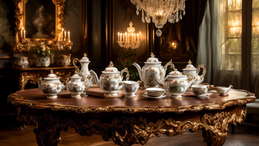 An elegant, antique European porcelain tea set displayed on a grand wooden table with a backdrop of a lush, baroque-style living room, dimly lit by a crystal chandelier, to capture the opulence and artistry of historical European porcelain craftsmanship.