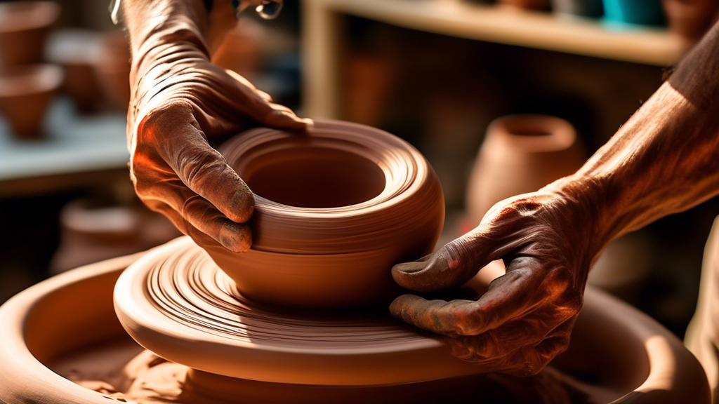 An artist's hands meticulously shaping a beautiful clay vase on a pottery wheel inside a sunlit, vibrant clay art studio, surrounded by shelves filled with colorful, finished ceramic pieces, embodying the essence of creativity and craftsmanship.