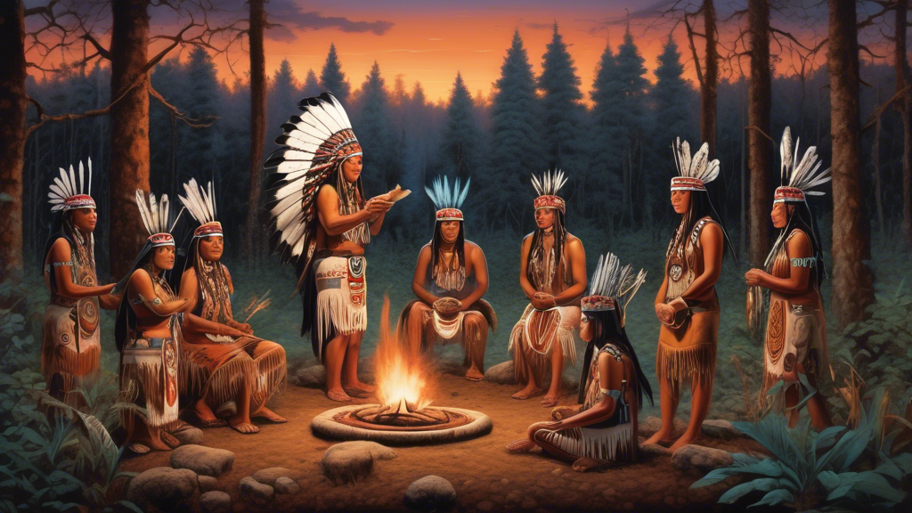 Create an image of an ancient Native American ceremony in a forest clearing, showcasing intricate ceramic artwork with traditional designs, surrounded by tribal members in ceremonial dress under a twilight sky.