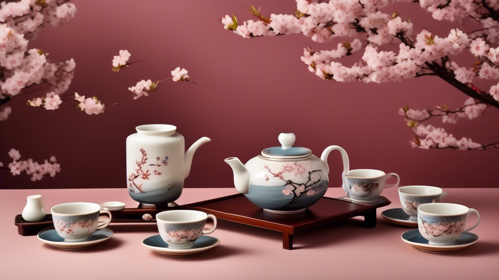 Create an intricate image showcasing a serene Japanese tea ceremony set in a tranquil garden, featuring exquisitely detailed Marumi Japan porcelain teacups and teapot with traditional motifs, surrounded by blooming cherry blossoms.