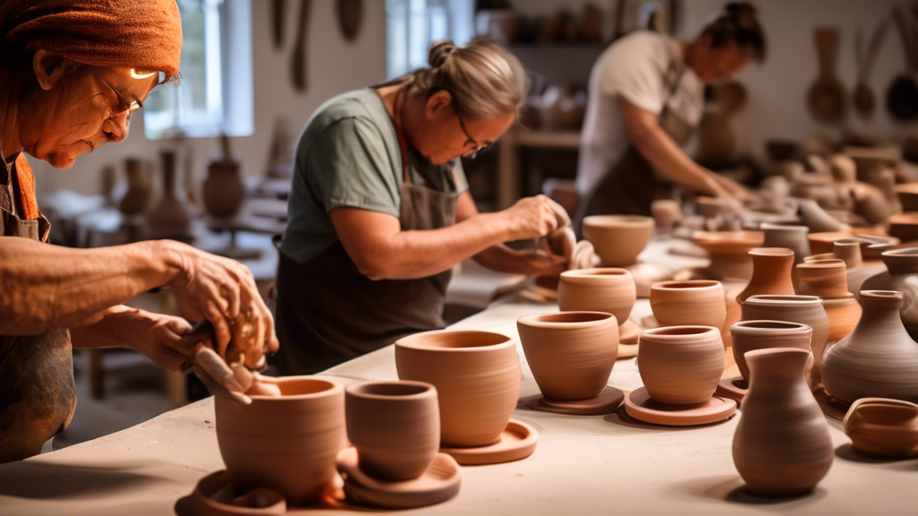 A vibrant workshop with several local ceramic artists intently working on their pottery wheels, surrounded by an array of beautifully crafted ceramic pieces illuminated by a warm and inviting spotlight.