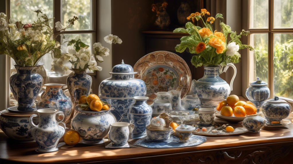 An intricate still life painting of an array of European porcelain and ceramics, showcasing diverse patterns and styles from different countries, elegantly arranged on an antique wooden table in a sunlit room with a large window overlooking a lush garden.