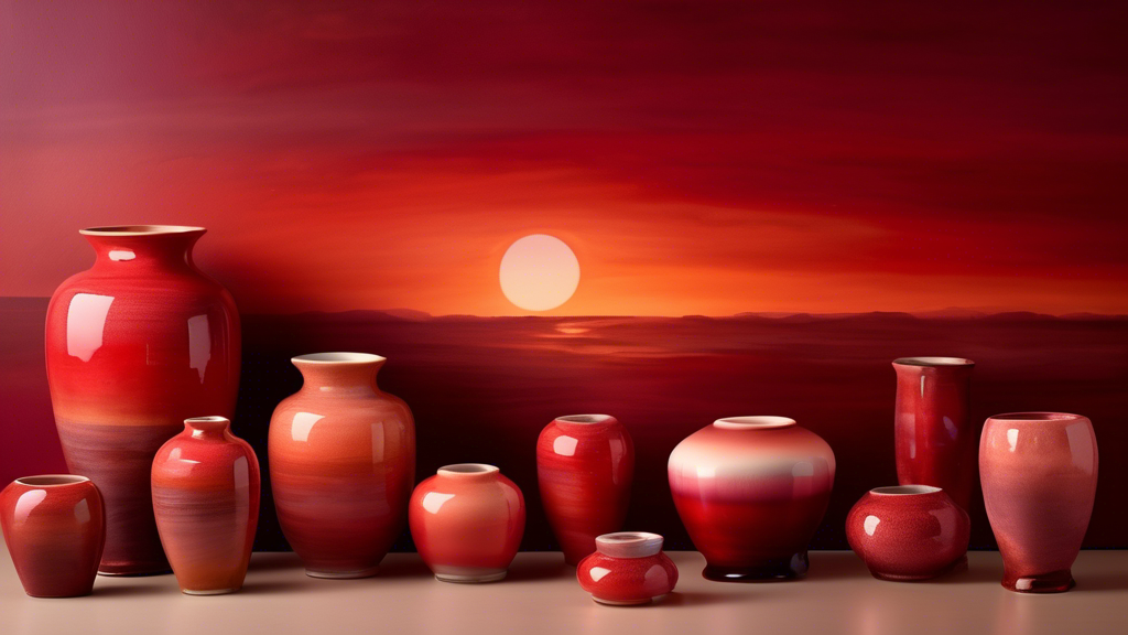 Create an image of an art gallery room filled with delicate ceramics under soft lighting, showcasing elegant pieces inspired by the colors and textures of a red sunset, each piece subtly reflecting the changing hues and serene beauty of the twilight sky.