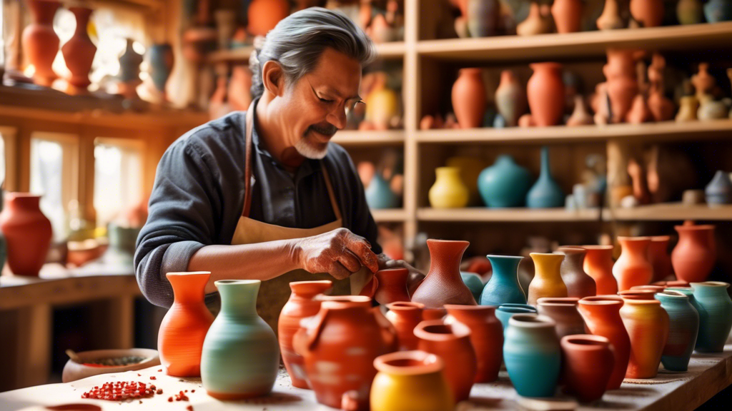 An artisan's hands meticulously shaping a vibrant pepper-shaped pottery on a wheel in a cozy, sunlit studio, surrounded by shelves filled with colorful, finished pepper pottery pieces.