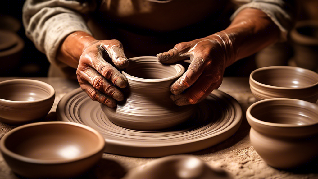 Artisan hands molding clay on a potter’s wheel, surrounded by elegant, finished hand-thrown pottery dinnerware sets, with soft lighting highlighting the intricate textures and patterns, against a rustic, earthy background.