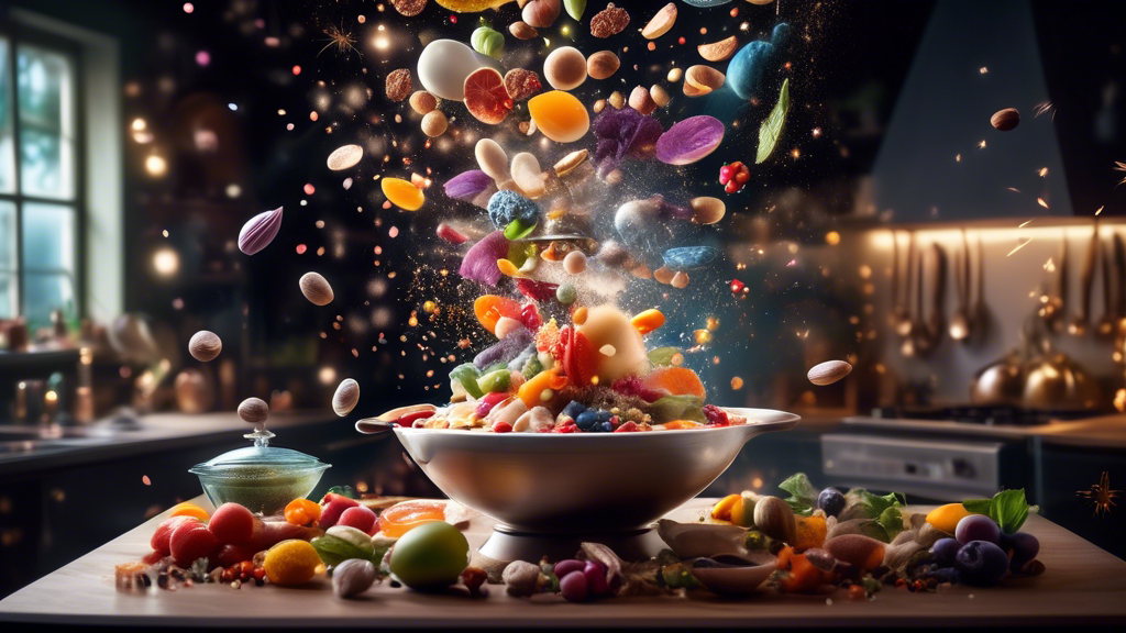 An elegant, whimsical kitchen full of colorful ingredients floating in mid-air, coming together to form an imaginative, perfect dish on a chef's platter, with a background of dreamy, soft lighting and magical sparkles.