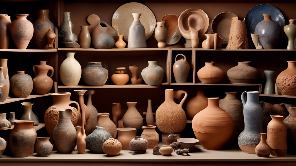 An elegant montage showcasing the famous ceramicists of the 20th century, each surrounded by their most iconic pottery masterpieces, set in a warmly lit, cozy studio filled with clay, tools, and kilns.