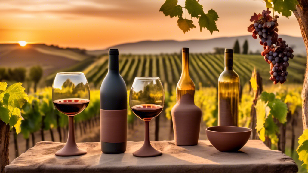 An artisanal pottery studio with handcrafted clay wine goblets and earth-toned ceramic wine bottles, amidst a rustic vineyard setting at sunset, symbolizing the fusion of pottery and winemaking craft.