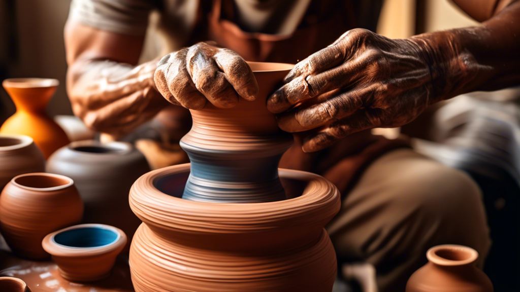 An artisan's hands intricately shaping a clay vase on a pottery wheel, surrounded by an array of colorful, finished ceramic vases, in a warm, sunlight-filled studio.