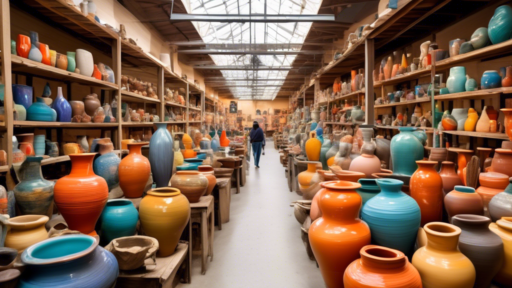 Inside a vast, vibrant ceramics and crafts warehouse filled with aisles of colorful pottery, clay sculptures, and diverse artistic tools, bustling with artisans and crafters under warm, inviting light.