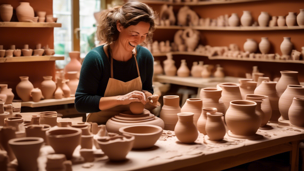 A whimsical workshop with a person happily molding clay on a potter's wheel, surrounded by finished ceramic pots and vases, with an open guidebook titled 'Step-by-Step Guide to Creating Ceramics' on a wooden table under soft, warm lighting.