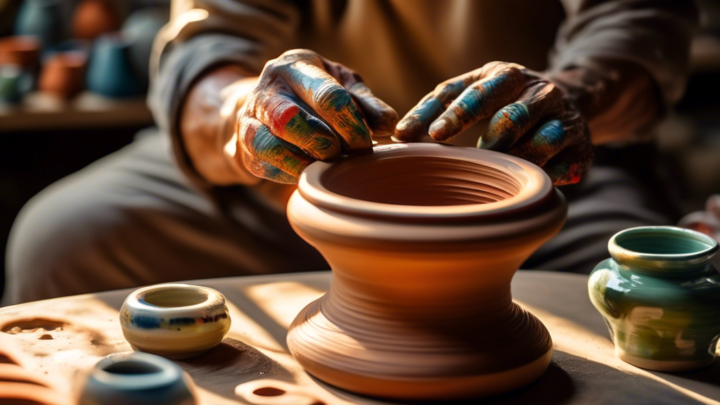 A skilled artisan's hands meticulously shaping a delicate clay vase on a pottery wheel in a sunlit studio, surrounded by an array of colorful, hand-painted ceramics.