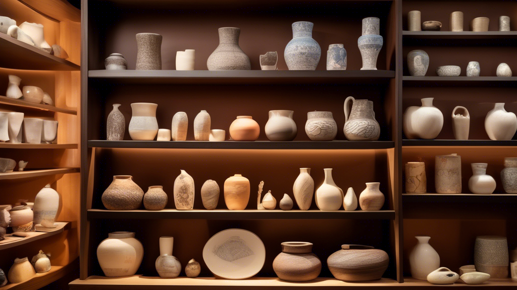 An artistic depiction of a variety of ceramic materials including porcelain, earthenware, stoneware, and advanced ceramics, showcased on a wooden shelf with tags naming each type, illuminated in a warmly lit, cozy, ceramics workshop.