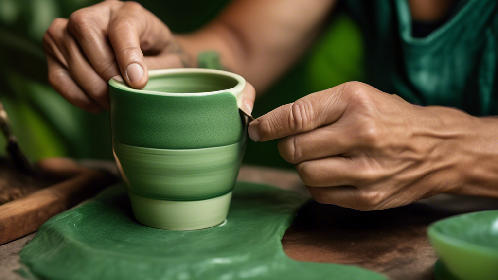 An artisan crafting a beautiful handmade ceramic keep cup with a lush green background symbolizing sustainability.