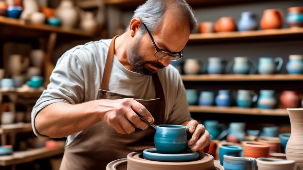 An artisan's hands meticulously sculpting a unique coffee mug on a pottery wheel, with shelves of vibrant, hand-painted mugs in the background, in a cozy, well-lit pottery workshop.