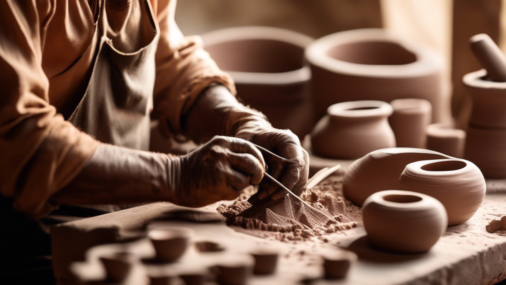 An artisan's hands elegantly slicing through a block of soft clay with a taut wire, against a backdrop of a sunlit pottery workshop filled with unfinished pottery pieces.