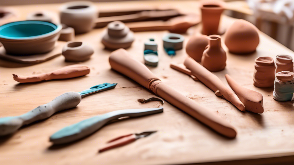 An array of essential clay sculpting tools laid out on a wooden table, with a beginner's first simple clay creation, a bright and welcoming studio background.