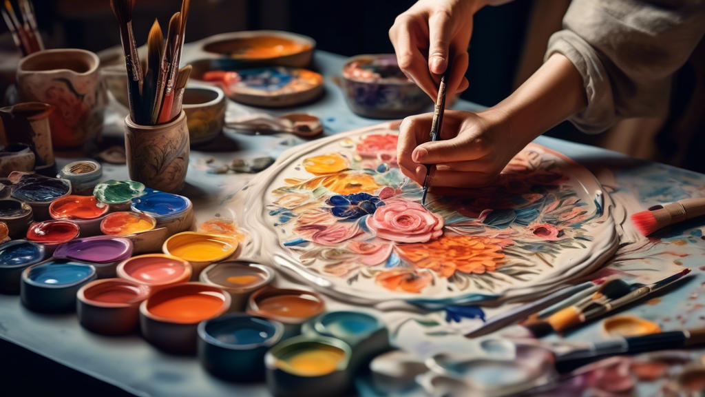 Detailed illustration of hands meticulously painting an intricate floral pattern on a ceramic vase, with a palette of vibrant colors and paintbrushes laid out on a worktable against a softly lit artist's studio background.