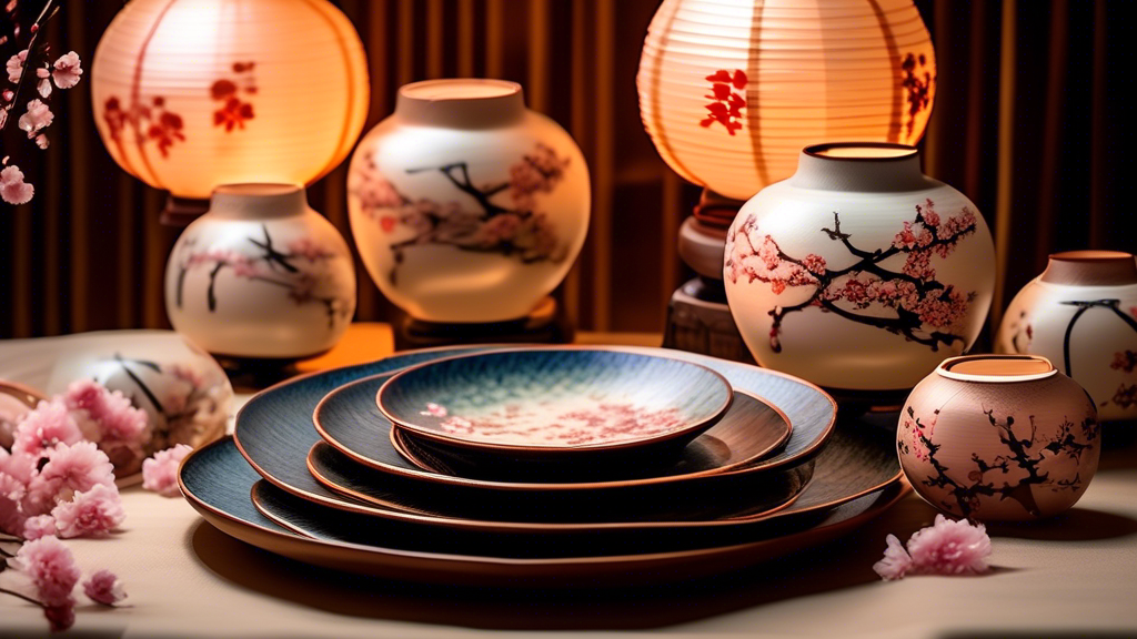 An artistic display of assorted intricately designed Japanese earthenware plates arranged gracefully on a traditional silk kimono fabric, with a serene cherry blossom background, under the soft glow of paper lanterns.