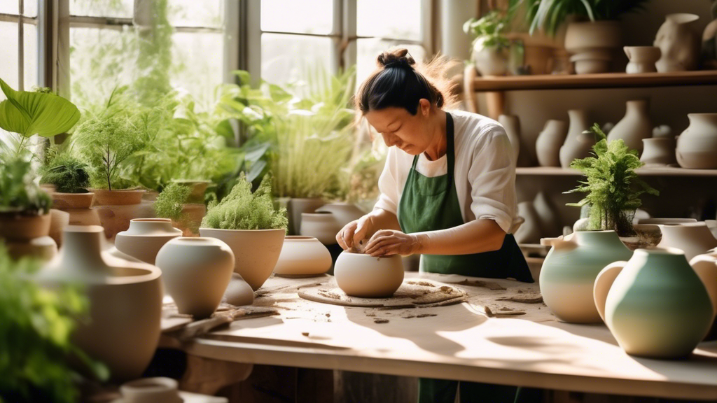 An artisan handcrafting ceramics using sustainable, eco-friendly materials in a bright, sunlit workshop, surrounded by green plants.