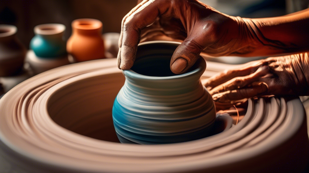 An image of a novice potter's hands delicately shaping a unique, intricate ceramic vase on a pottery wheel, with colorful clay tools and guides on creating ceramics scattered around, in a warmly lit, cozy studio workshop environment.