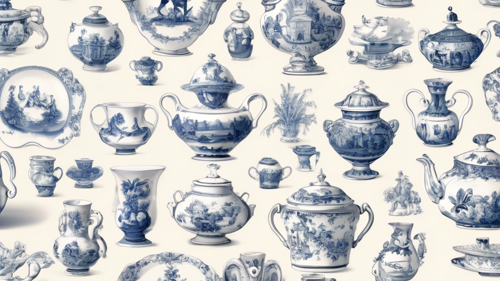 An illustrated timeline showcasing the evolution of European porcelain designs from the 18th century to modern times, highlighting key historical milestones and famous pieces against a backdrop of a map of Europe.
