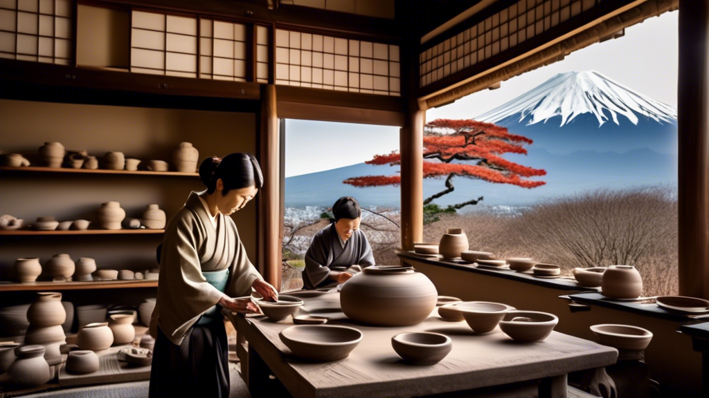 An ancient Japanese pottery workshop with artisans crafting beautiful ceramics, surrounded by traditional tools and kilns, with Mount Fuji in the background, in a serene, timeless atmosphere.